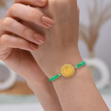 22 Ayar Yeni Çeyrek Altın Yeşil Renkli İpli Bileklik 