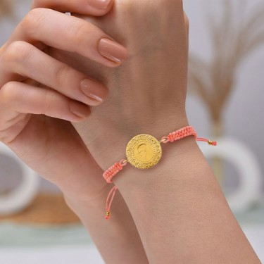 22 Ayar Yeni Yarım Altın Açık Pembe Renkli İpli Bileklik 