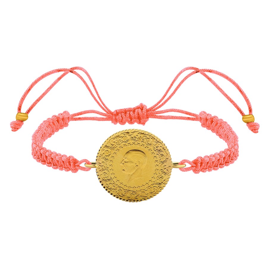 22 Ayar Yeni Yarım Altın Açık Pembe Renkli İpli Bileklik 