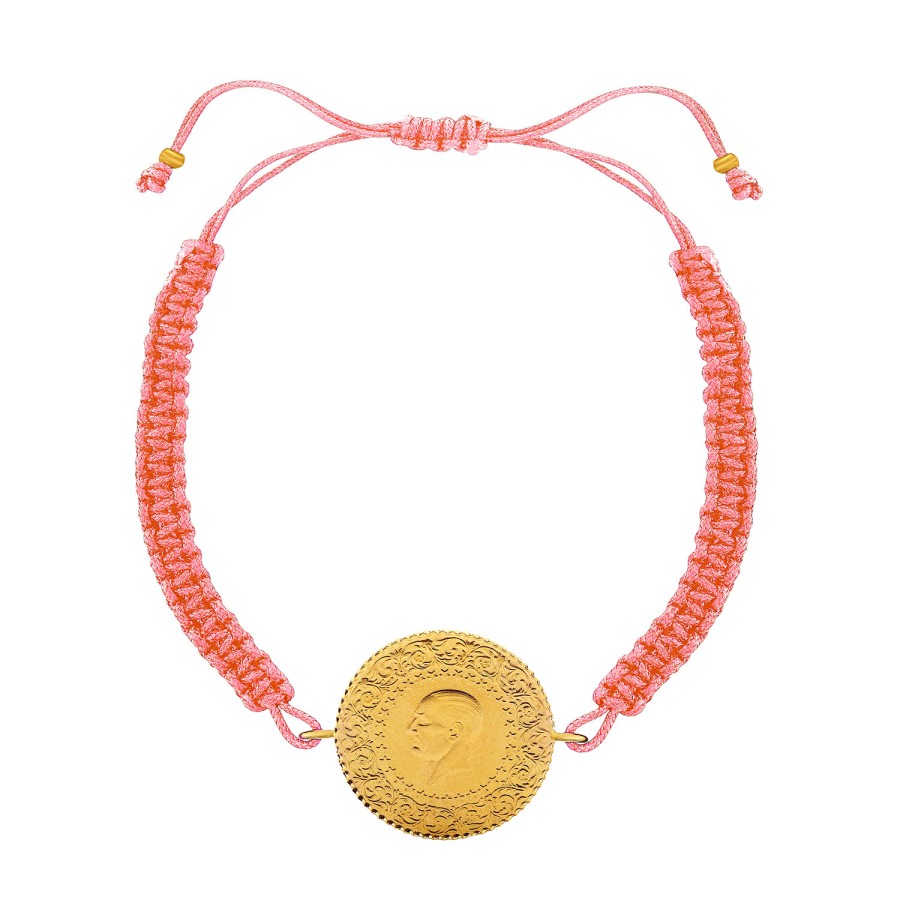 22 Ayar Yeni Yarım Altın Açık Pembe Renkli İpli Bileklik 