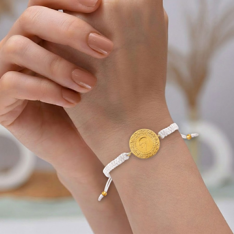 22 Ayar Yeni Yarım Altın Beyaz Renkli İpli Bileklik 