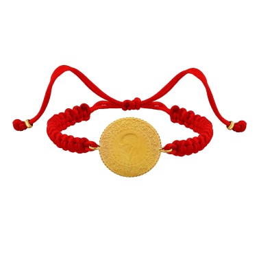 22 Ayar Yeni Yarım Altın Kırmızı Renkli İpli Bileklik 