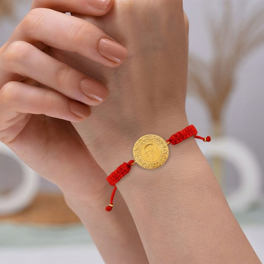 22 Ayar Yeni Yarım Altın Kırmızı Renkli İpli Bileklik 