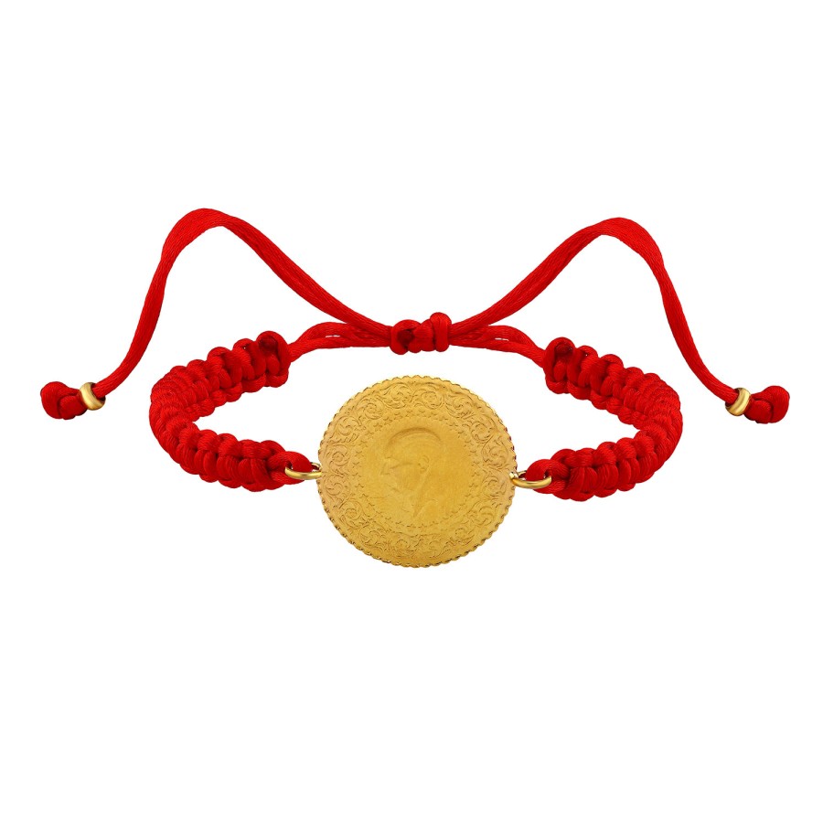 22 Ayar Yeni Yarım Altın Kırmızı Renkli İpli Bileklik 