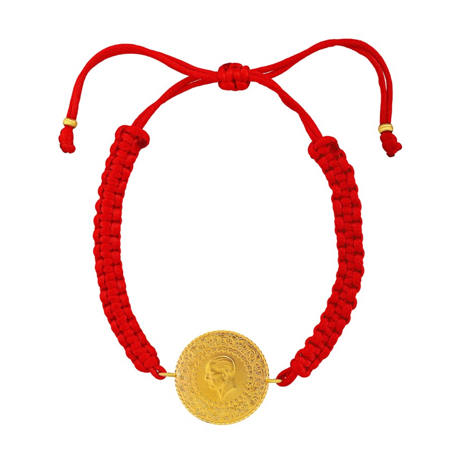 22 Ayar Yeni Yarım Altın Kırmızı Renkli İpli Bileklik 