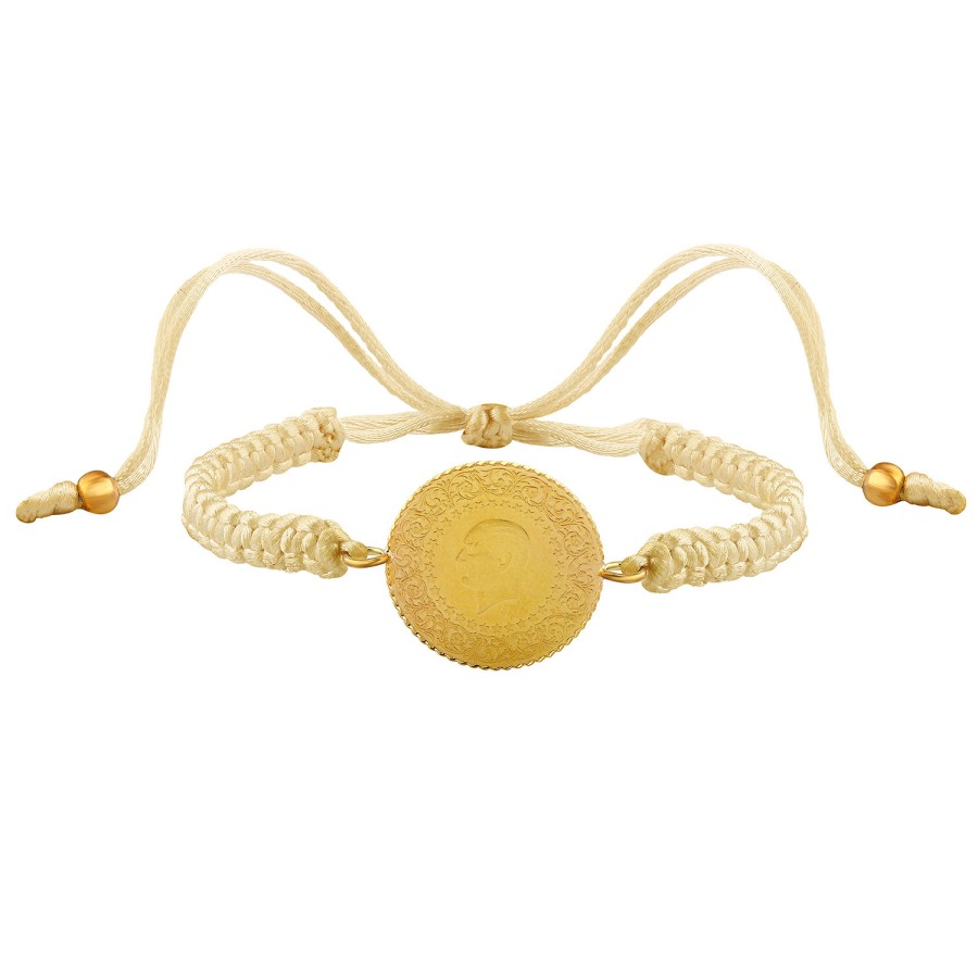 22 Ayar Yeni Yarım Altın Krem Renkli İpli Bileklik 