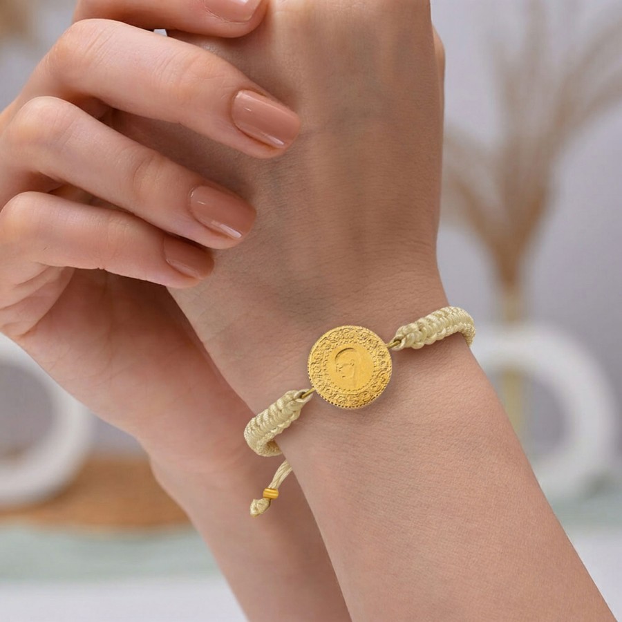 22 Ayar Yeni Yarım Altın Krem Renkli İpli Bileklik 