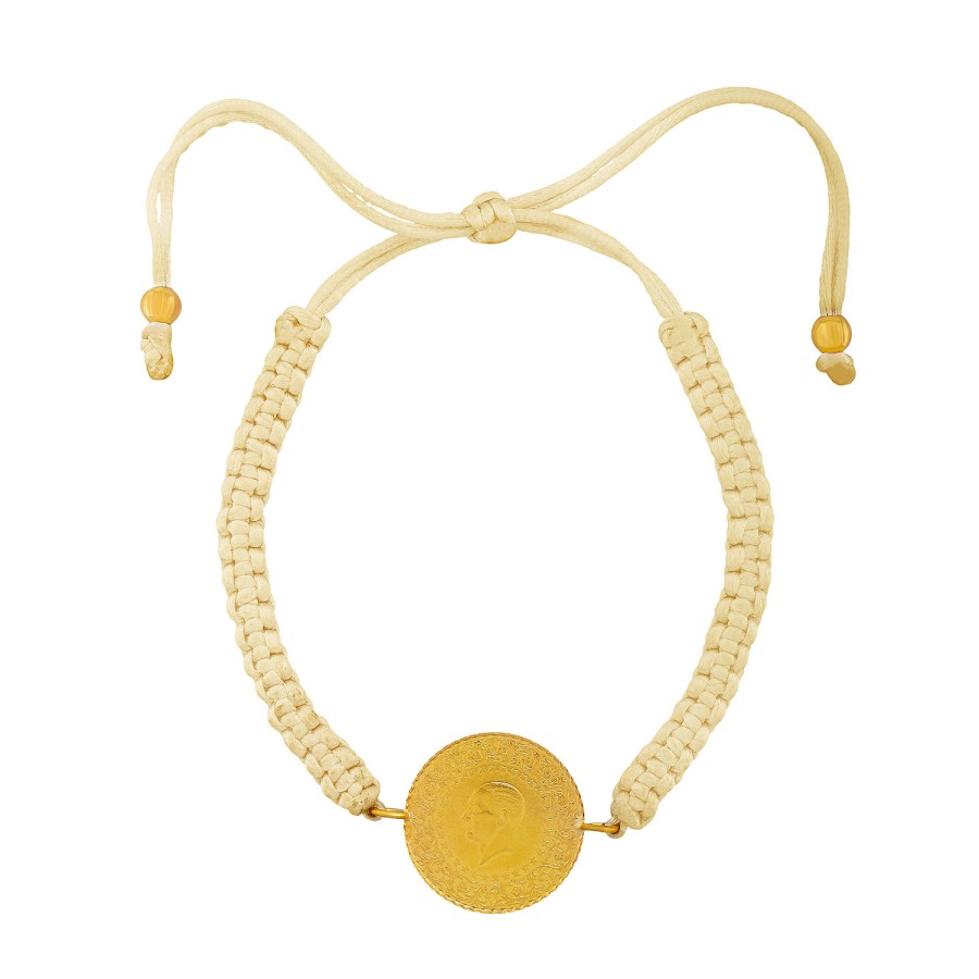 22 Ayar Yeni Yarım Altın Krem Renkli İpli Bileklik 