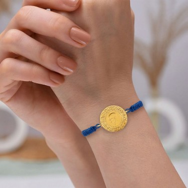 22 Ayar Yeni Yarım Altın Mavi Renkli İpli Bileklik 