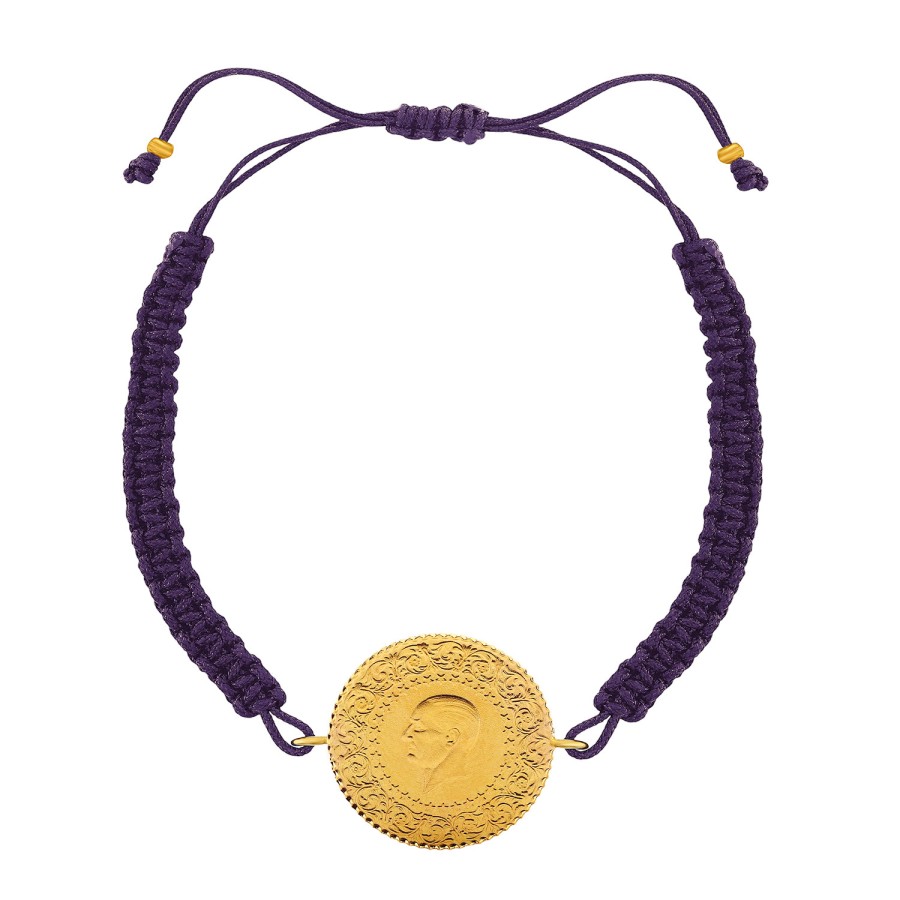 22 Ayar Yeni Yarım Altın Mor Renkli İpli Bileklik 