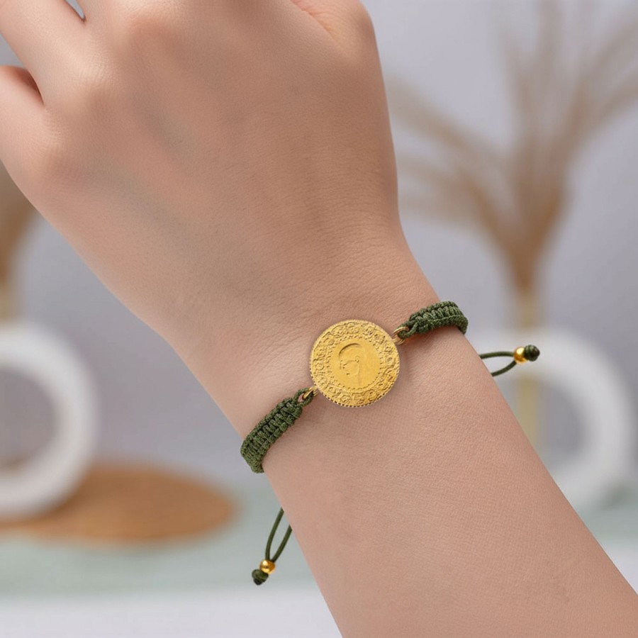 22 Ayar Yeni Yarım Altın Haki Renkli İpli Bileklik 