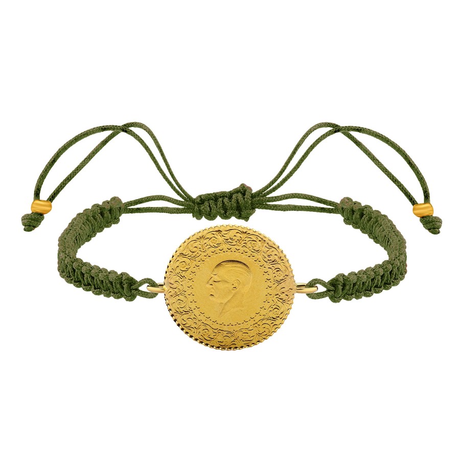 22 Ayar Yeni Yarım Altın Haki Renkli İpli Bileklik 