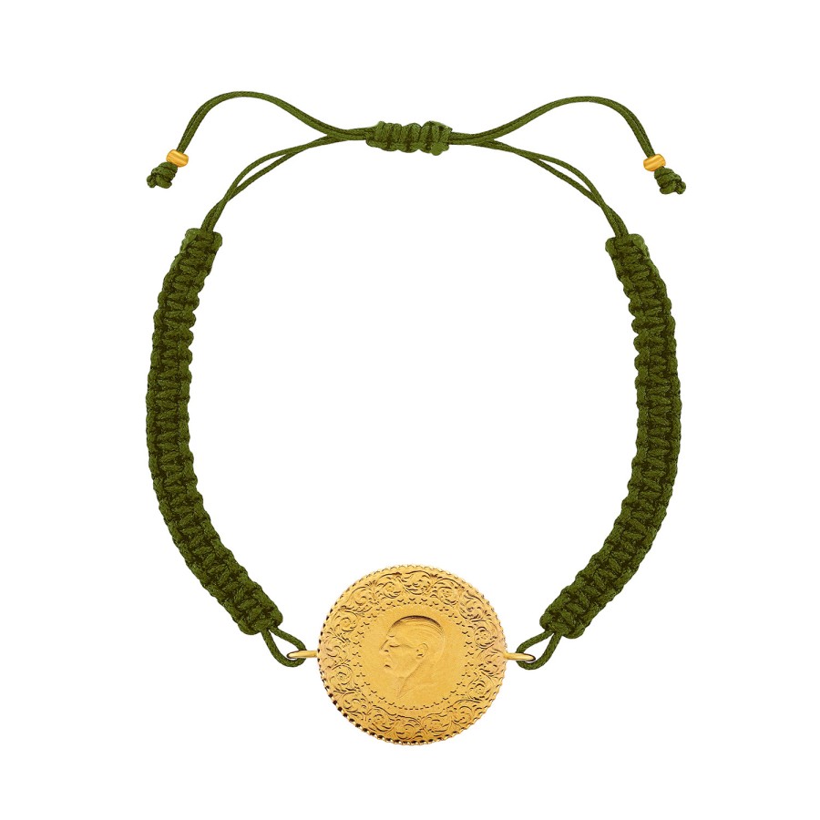 22 Ayar Yeni Yarım Altın Haki Renkli İpli Bileklik 