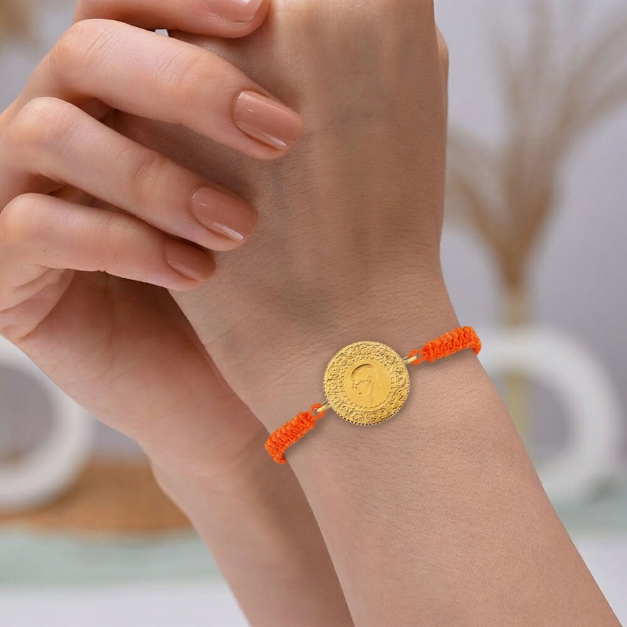22 Ayar Yeni Yarım Altın Turuncu Renkli İpli Bileklik 