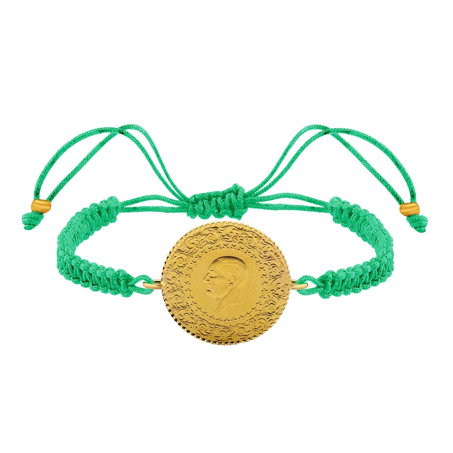 22 Ayar Yeni Yarım Altın Yeşil Renkli İpli Bileklik 
