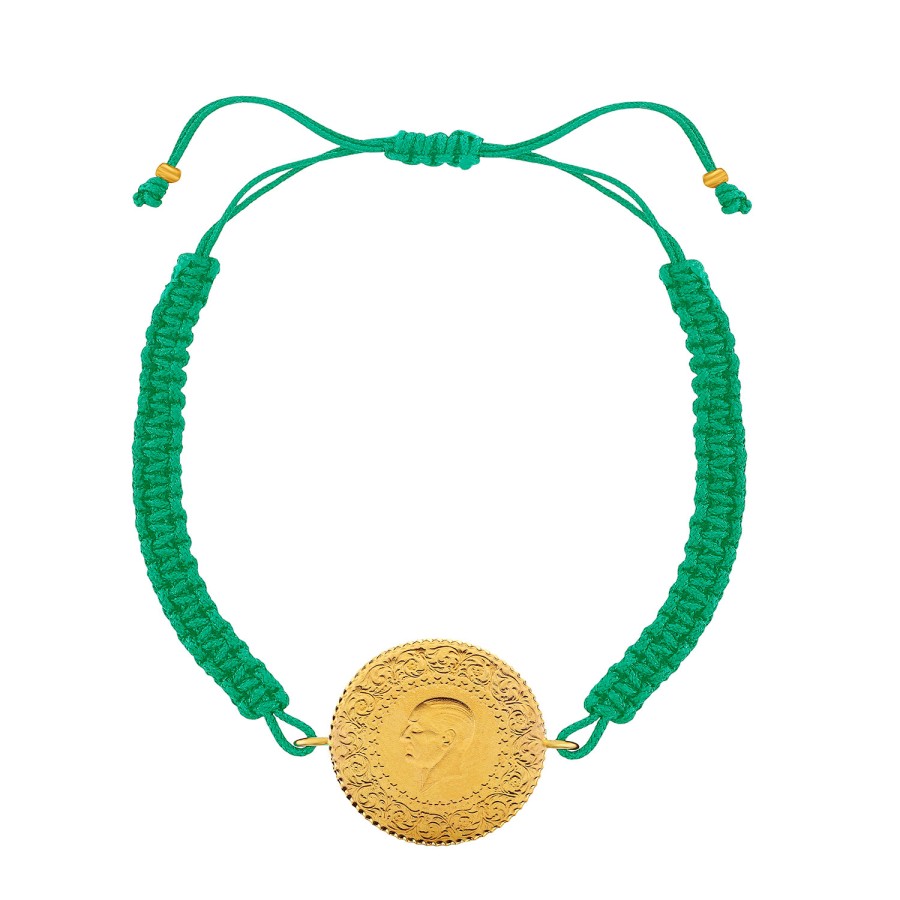 22 Ayar Yeni Yarım Altın Yeşil Renkli İpli Bileklik 