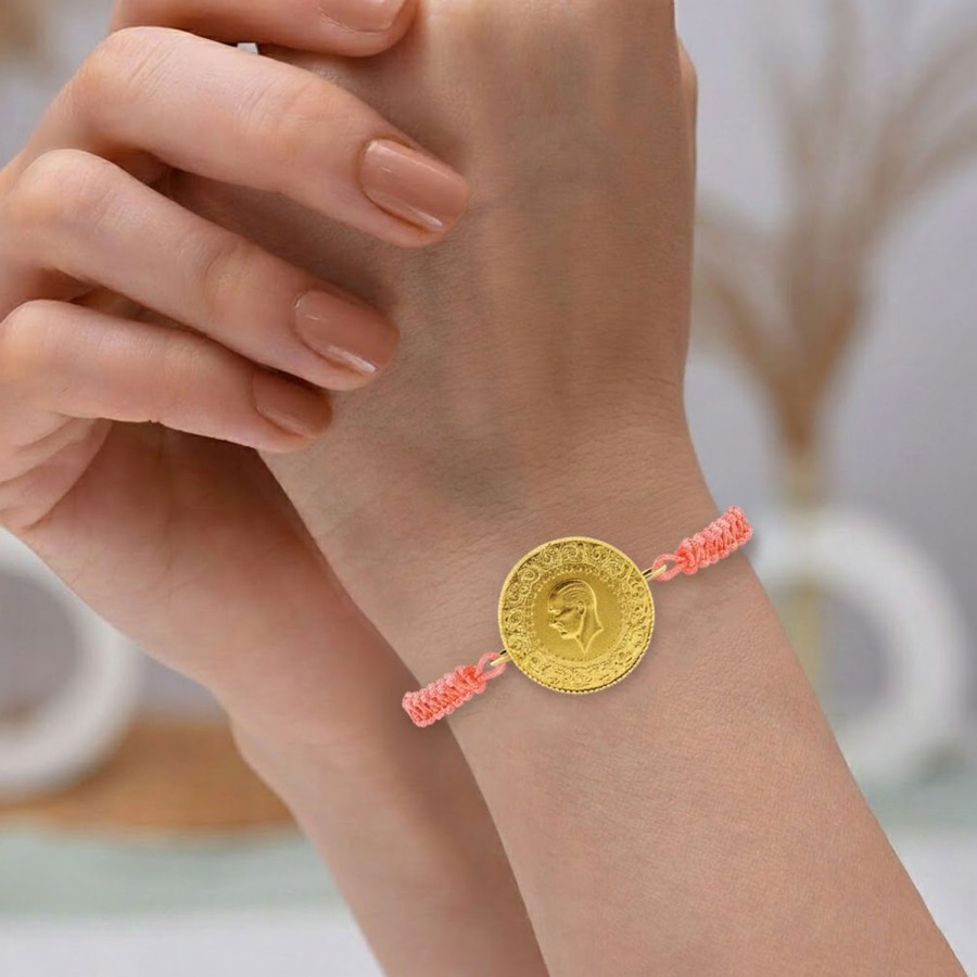 22 Ayar Yeni Tam Altın Açık Pembe Renkli İpli Bileklik