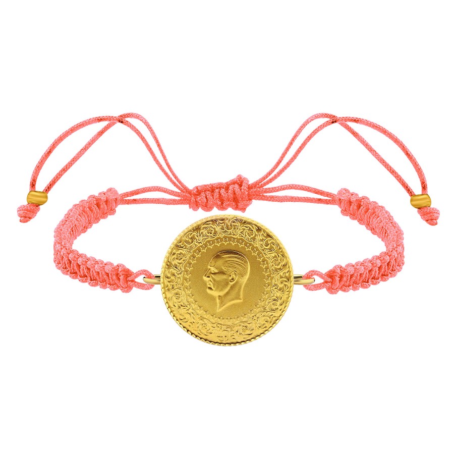 22 Ayar Yeni Tam Altın Açık Pembe Renkli İpli Bileklik