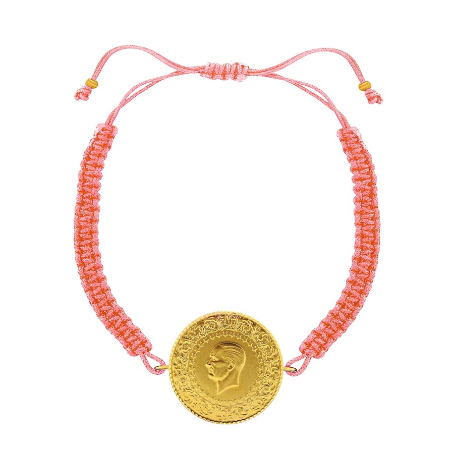 22 Ayar Yeni Tam Altın Açık Pembe Renkli İpli Bileklik