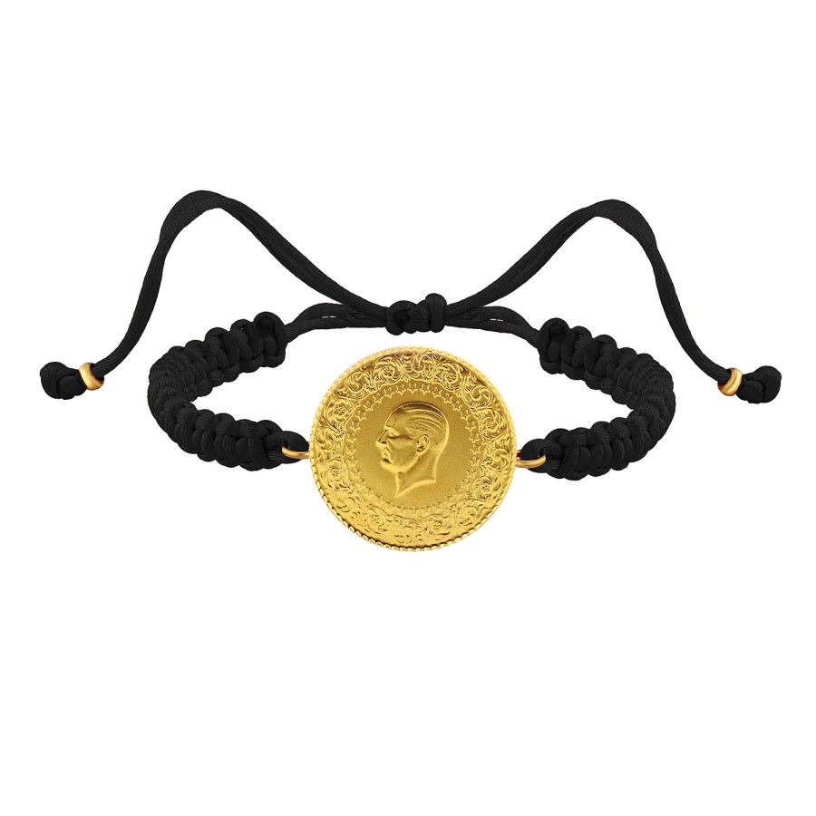 22 Ayar Yeni Tam Altın Siyah Renkli İpli Bileklik