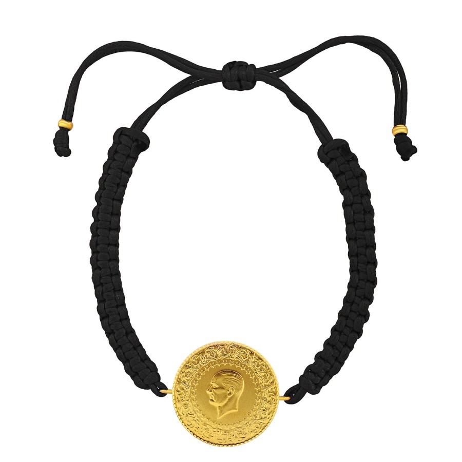 22 Ayar Yeni Tam Altın Siyah Renkli İpli Bileklik