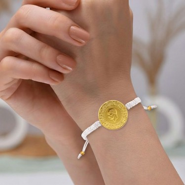 22 Ayar Yeni Tam Altın Beyaz Renkli İpli Bileklik