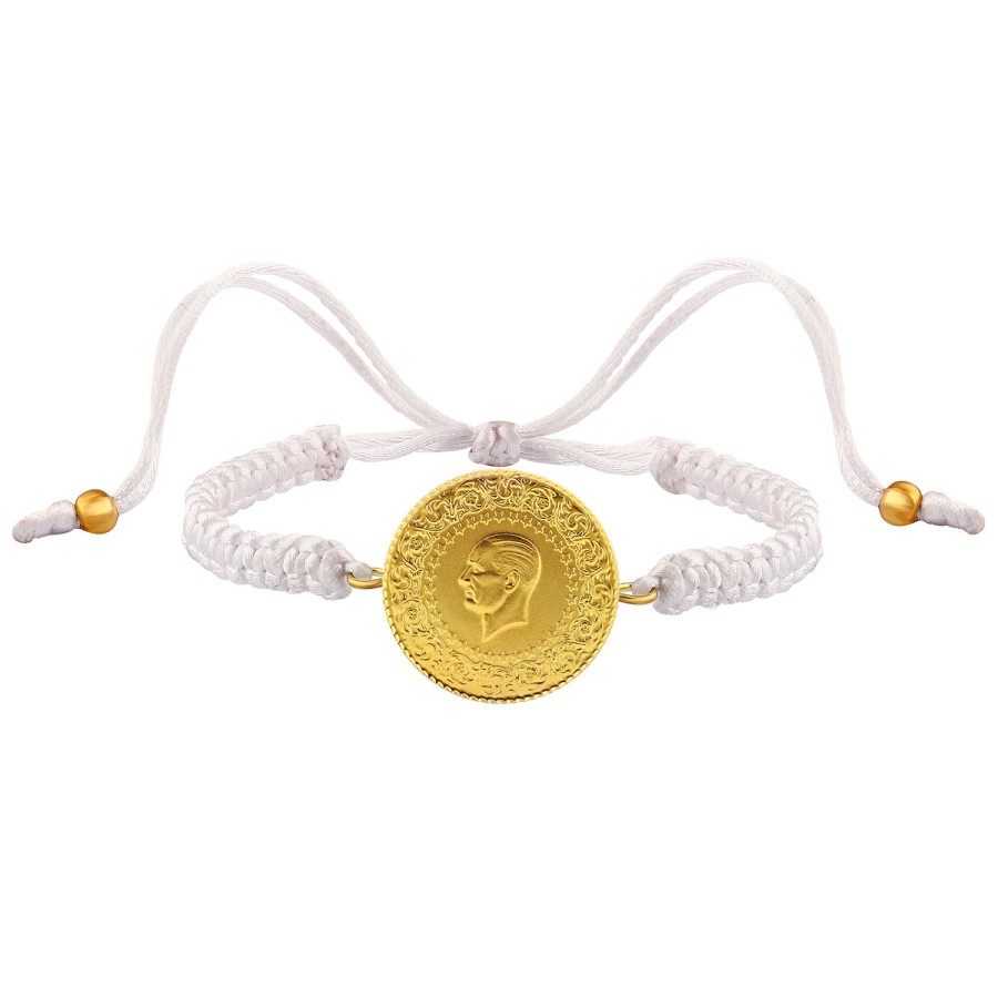 22 Ayar Yeni Tam Altın Beyaz Renkli İpli Bileklik