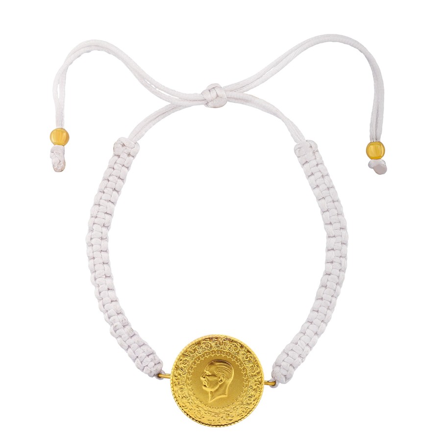 22 Ayar Yeni Tam Altın Beyaz Renkli İpli Bileklik