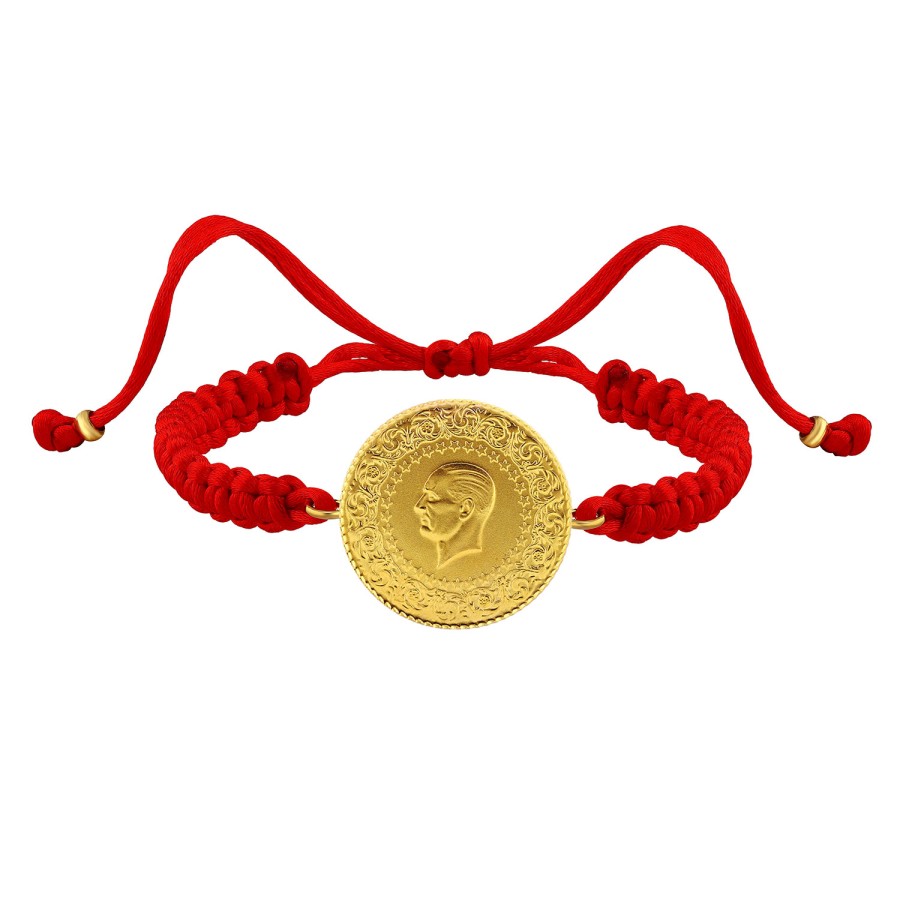 22 Ayar Yeni Tam Altın Kırmızı Renkli İpli Bileklik