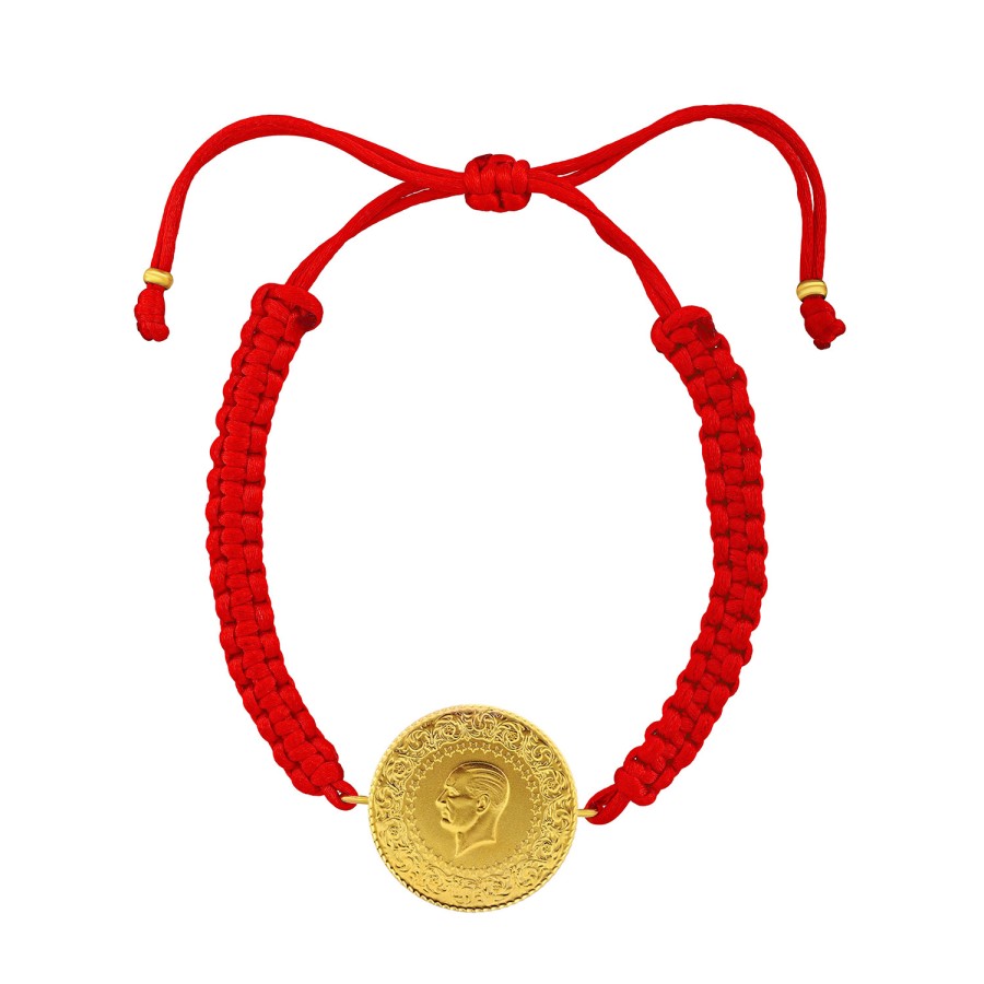 22 Ayar Yeni Tam Altın Kırmızı Renkli İpli Bileklik