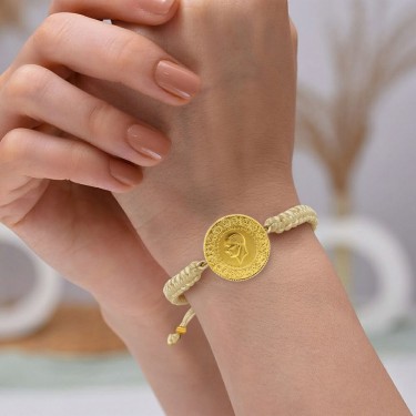 22 Ayar Yeni Tam Altın Krem Renkli İpli Bileklik