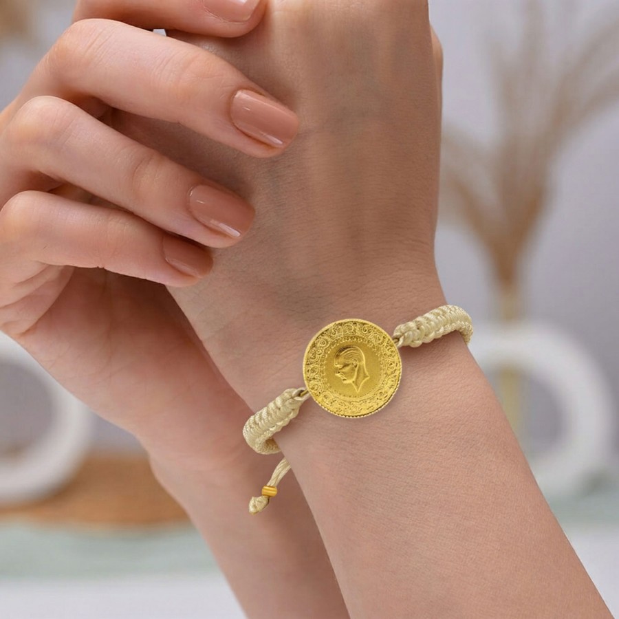 22 Ayar Yeni Tam Altın Krem Renkli İpli Bileklik