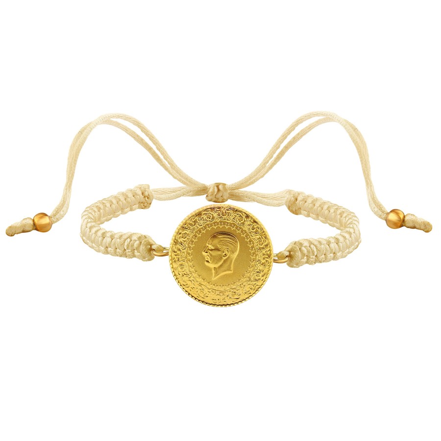 22 Ayar Yeni Tam Altın Krem Renkli İpli Bileklik