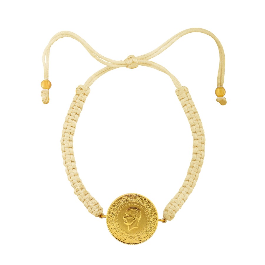 22 Ayar Yeni Tam Altın Krem Renkli İpli Bileklik