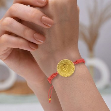 22 Ayar Yeni Tam Altın Pembe Renkli İpli Bileklik