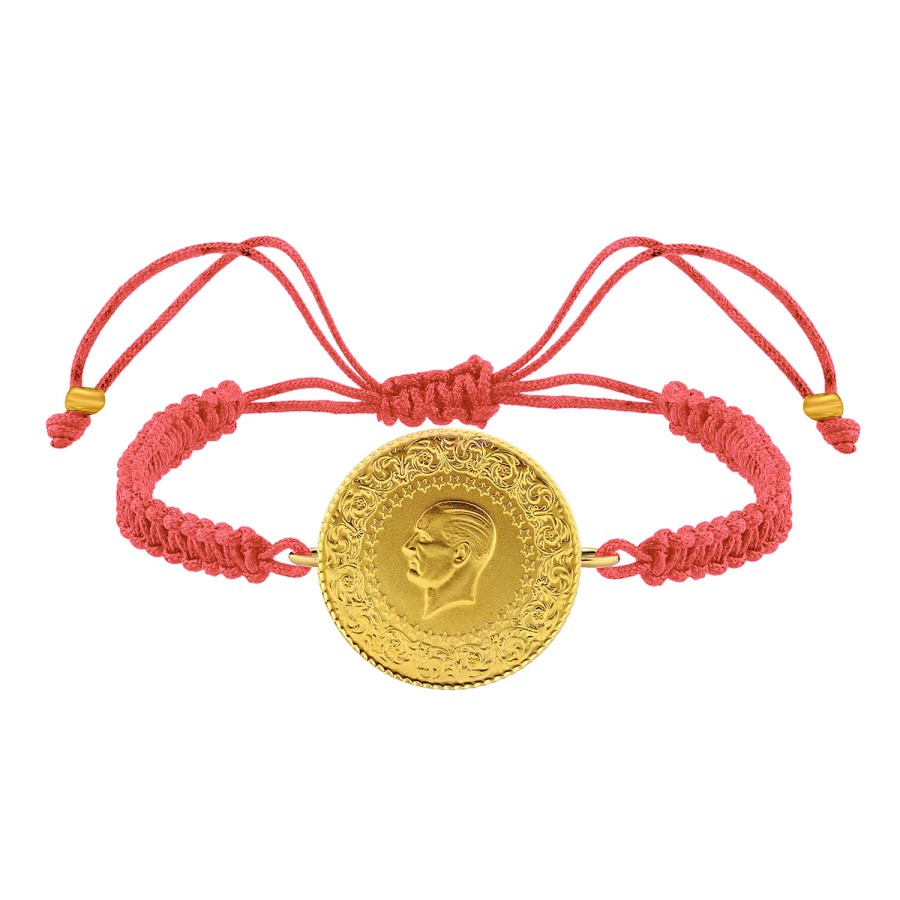 22 Ayar Yeni Tam Altın Pembe Renkli İpli Bileklik