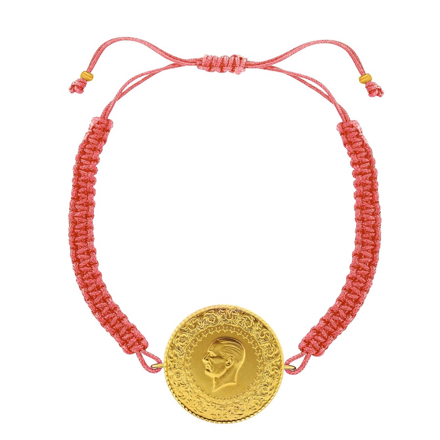 22 Ayar Yeni Tam Altın Pembe Renkli İpli Bileklik