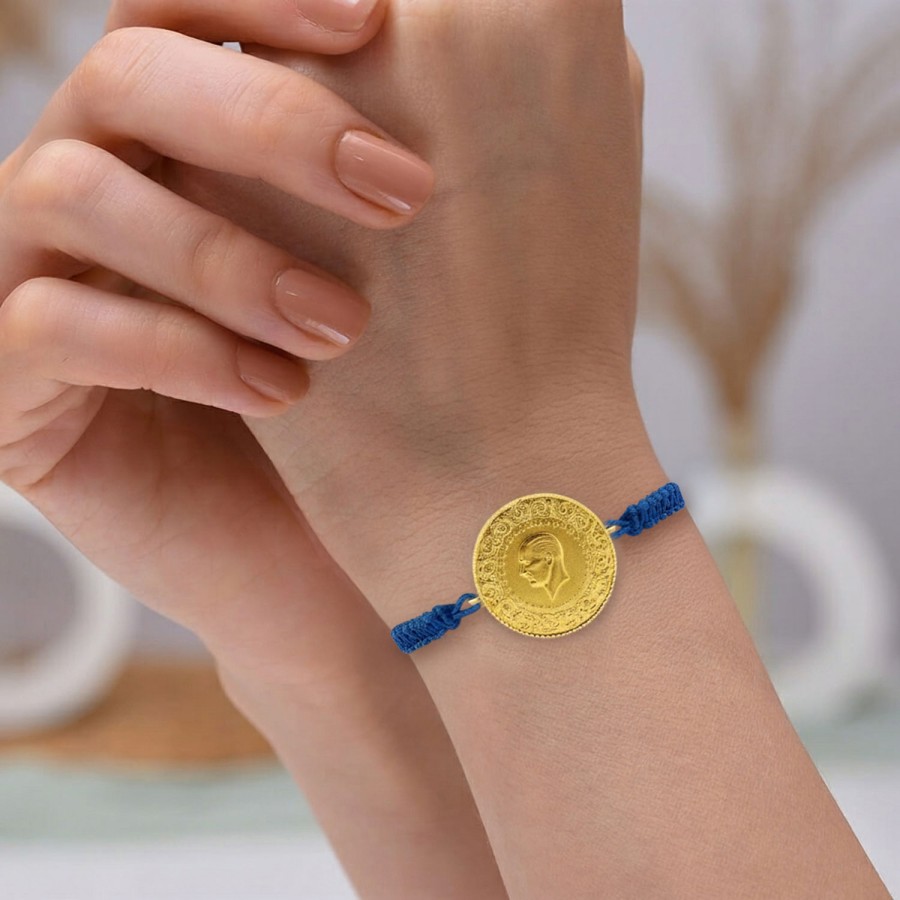 22 Ayar Yeni Tam Altın Mavi Renkli İpli Bileklik
