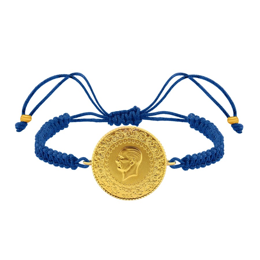 22 Ayar Yeni Tam Altın Mavi Renkli İpli Bileklik