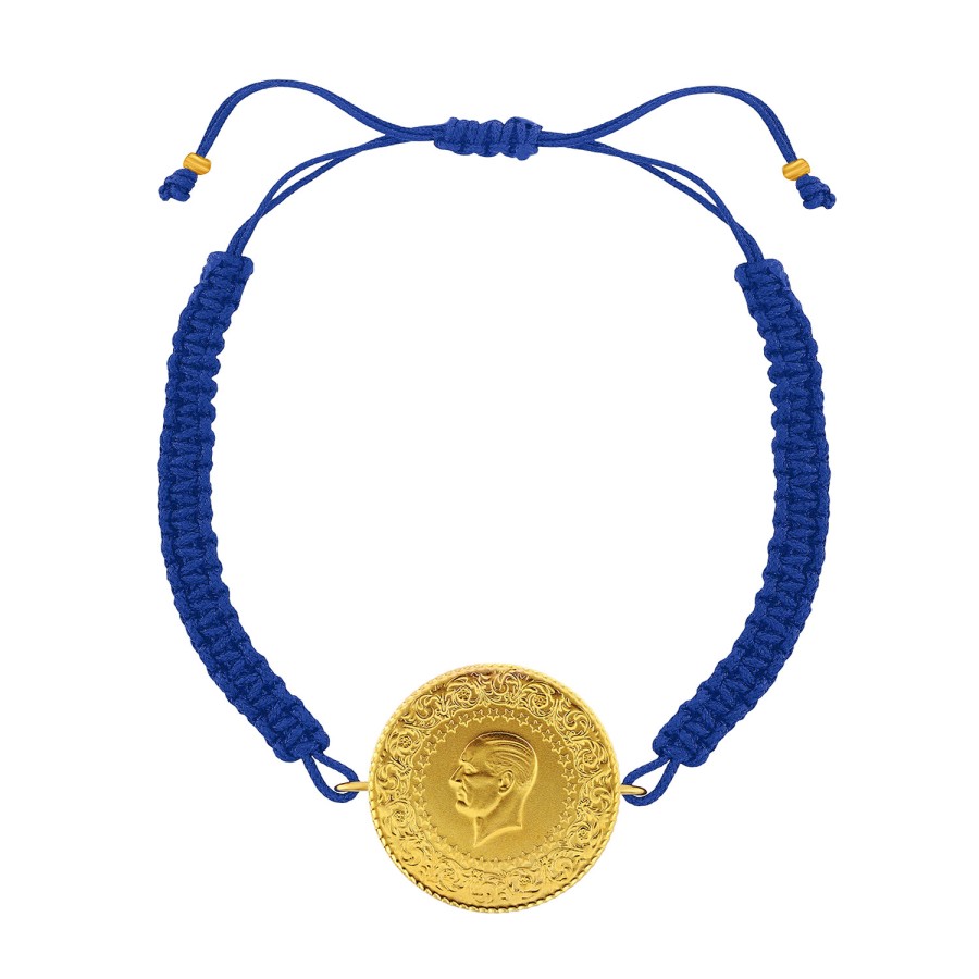 22 Ayar Yeni Tam Altın Mavi Renkli İpli Bileklik