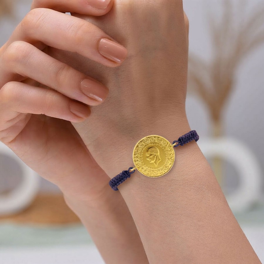 22 Ayar Yeni Tam Altın Mor Renkli İpli Bileklik