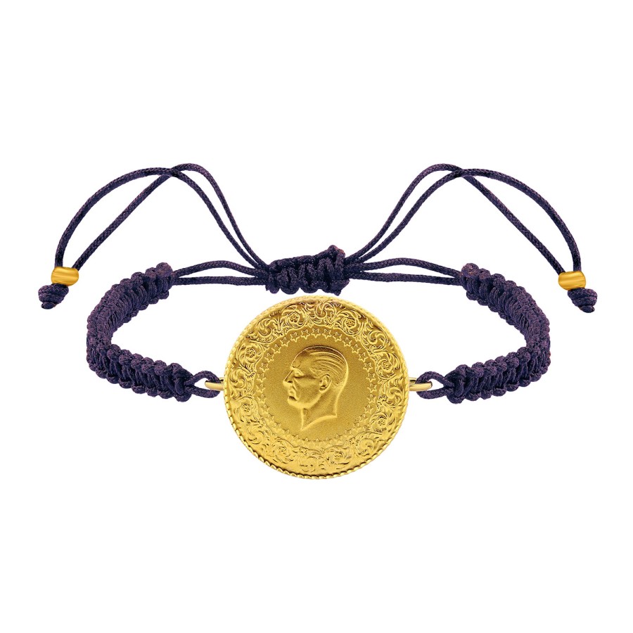 22 Ayar Yeni Tam Altın Mor Renkli İpli Bileklik