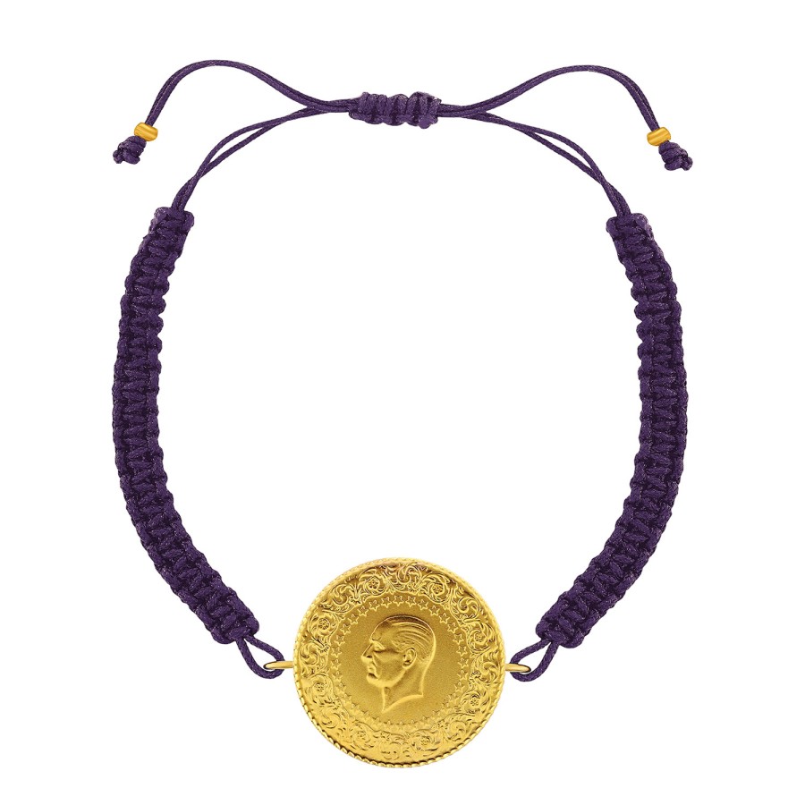 22 Ayar Yeni Tam Altın Mor Renkli İpli Bileklik