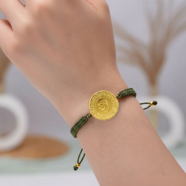 22 Ayar Yeni Tam Altın Haki Renkli İpli Bileklik