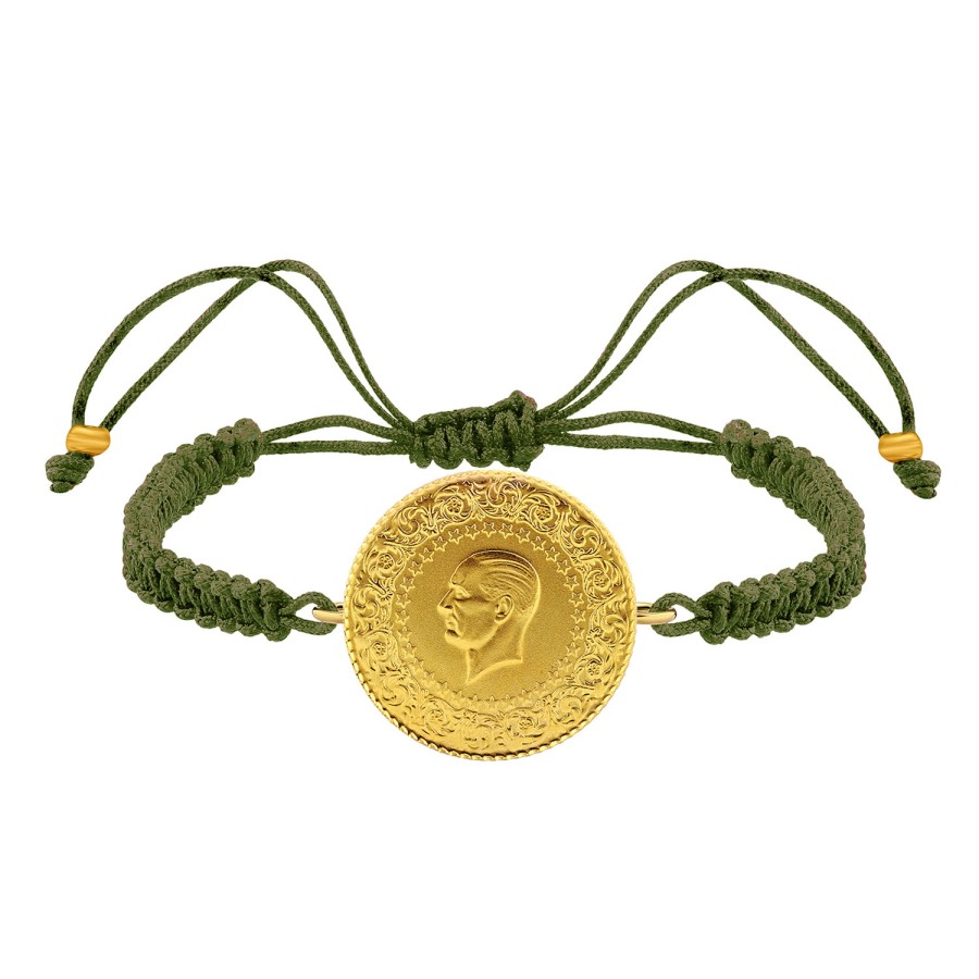 22 Ayar Yeni Tam Altın Haki Renkli İpli Bileklik