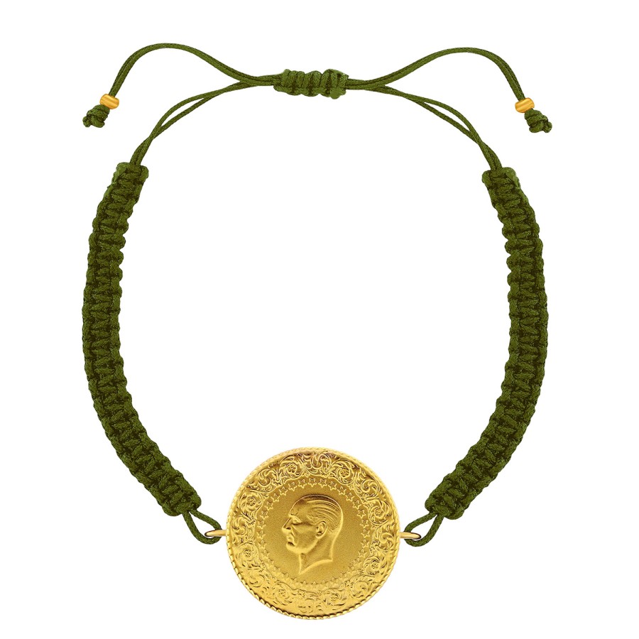 22 Ayar Yeni Tam Altın Haki Renkli İpli Bileklik