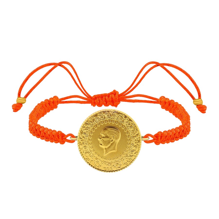 22 Ayar Yeni Tam Altın Turuncu Renkli İpli Bileklik