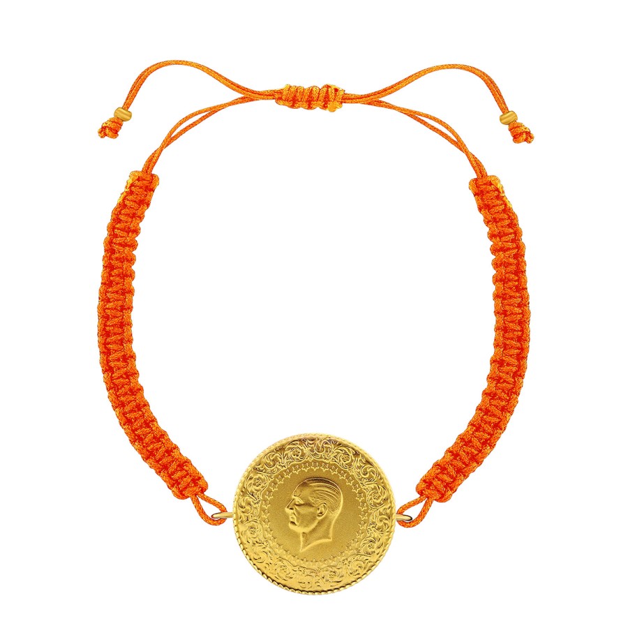 22 Ayar Yeni Tam Altın Turuncu Renkli İpli Bileklik