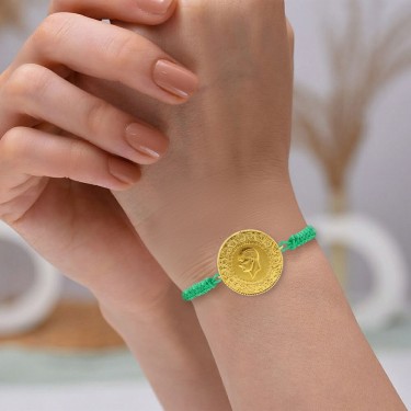 22 Ayar Yeni Tam Altın Yeşil Renkli İpli Bileklik