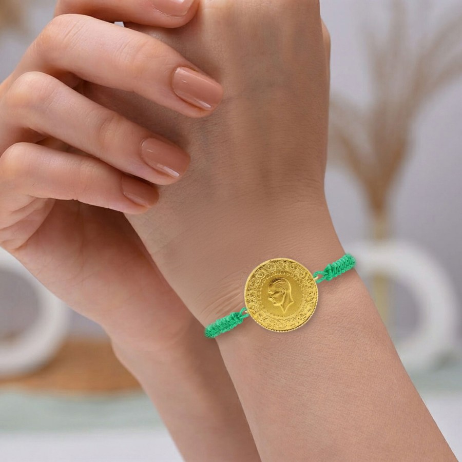 22 Ayar Yeni Tam Altın Yeşil Renkli İpli Bileklik